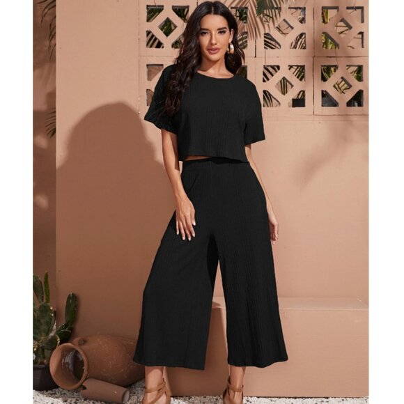 Black Drop Shoulder Crop Tee & Wide Leg Pants Set - Picture 1 of 5